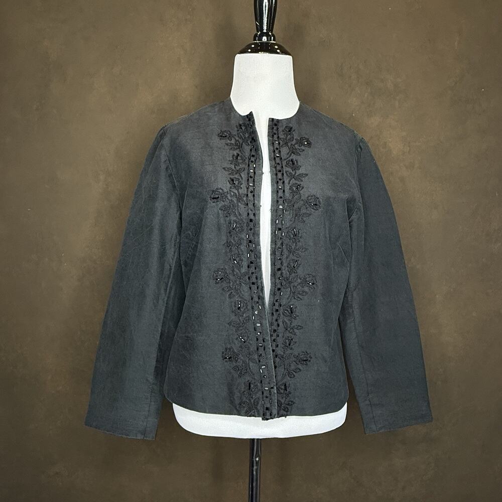 Pendleton Silk Embroidered Beaded Evening Jacket Black Silk Size 8